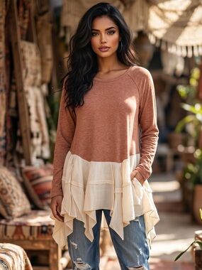 🌟B08. Boho Chic Layered Hem Tunic Top